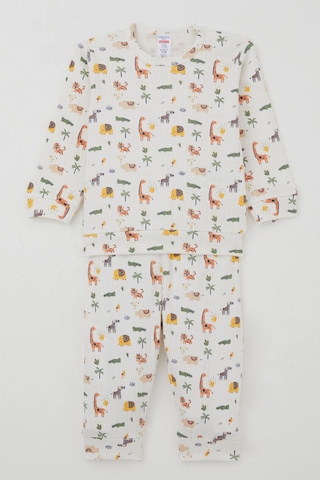 Breeze Erkek Bebek Pijama Takımı Omuzdan Patlı Bebek Hayvanat Bahçesi 4 Ay-1 Yaş, Ekru Ekru
