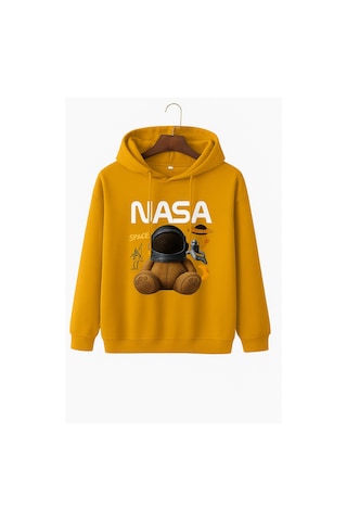Kokina Unisex Nasa Ayıcık Baskılı Kapüşonlu Sweatshirt Sarı