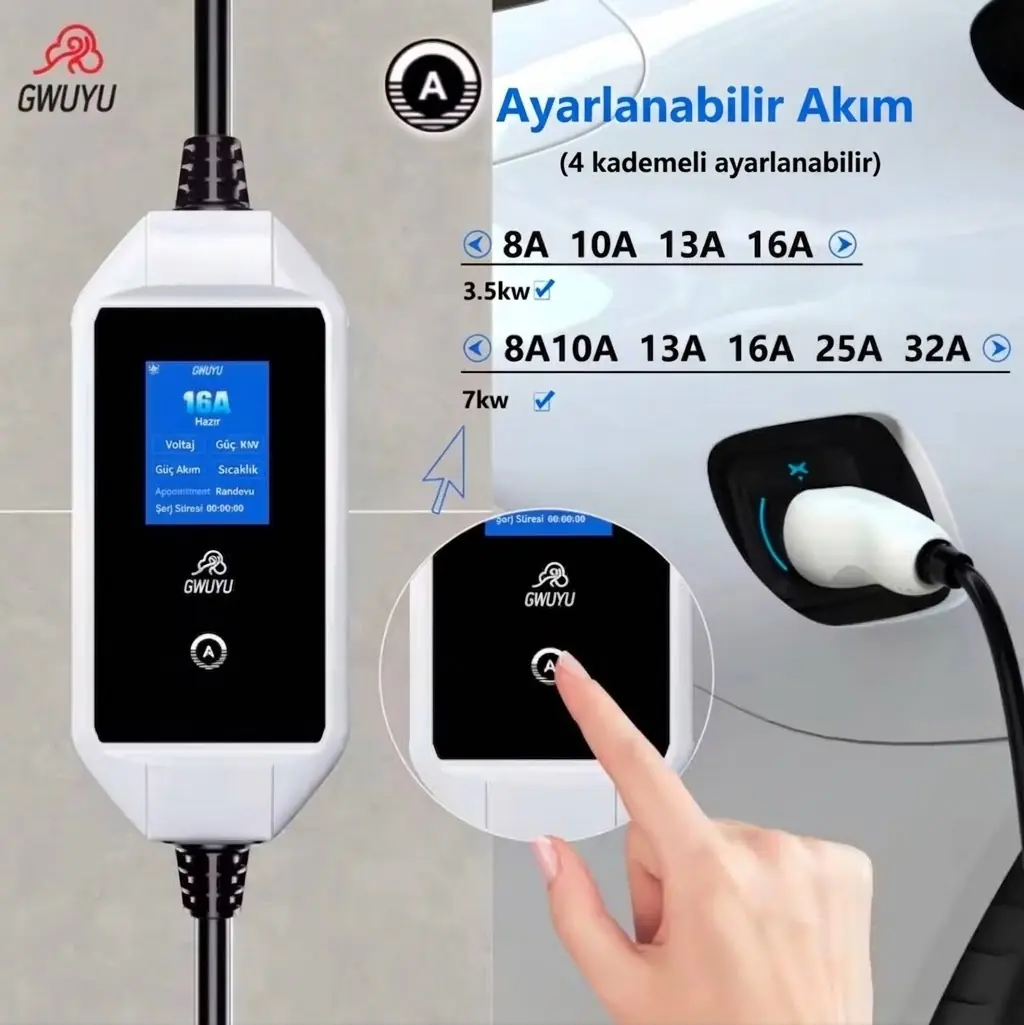 Gwuyu 7 Kw 32a Tek Faz Elektrikli Araç Şarj İstasyonu Wifi App 5 Metre 5m Kablolu, 32A, 7,4kW, Type 2