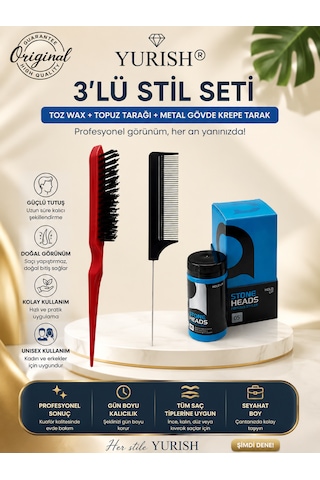 3'lü Stil Seti Toz Wax + Topuz Tarağı + Metal Gövde Krepe Tarak 0