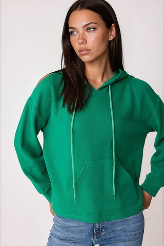 Vitrin Omuz Dekolteli Kanguru Cep Kapüşonlu Sweatshirt Yeşil