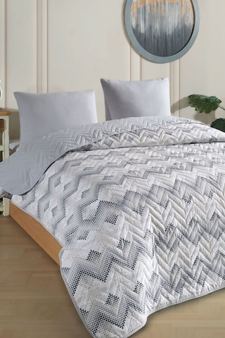 Tek Kişilik Desenli Kapitone Çift Taraflı Renkli Pike Yatak Örtüsü Takımı 160x230 Cm Çarşafsız Gri