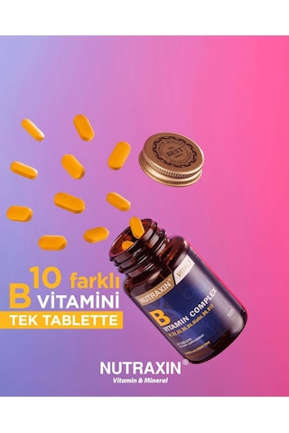 Nutraxin B Complex Vitamin 60 Tablet - B1, B2, B3, B5, B6, B12, Folik Asit, Biotin, Kolin, İnositol