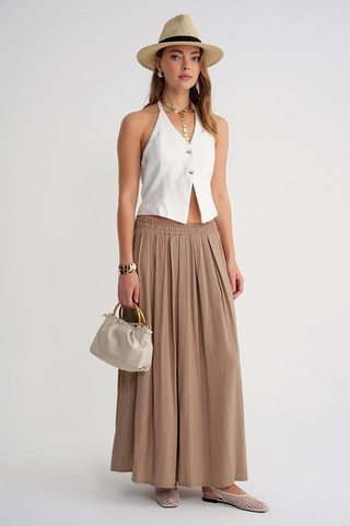 4612 Kadın Yandan Cepli Pileli Bol Etek Toprak Toprak