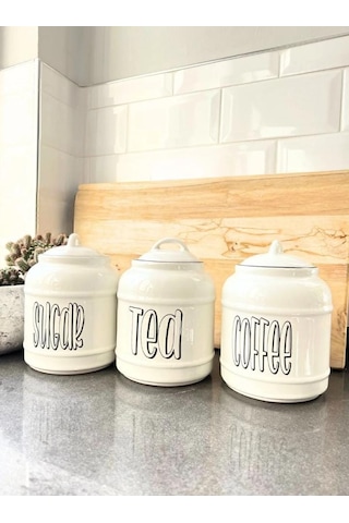 3lü Seramik Sugar Tea Coffee Kavanoz Seti Kapaklı Tezgah Üstü Saklama Kavanozu 1400 Ml Beyaz