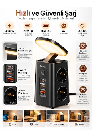 Akım Korumalı 4'lü Priz 1 Usb 2 Type-c Gece Lambalı Masaüstü Hızlı Şarj Çoklayıcı 0 - 2 M