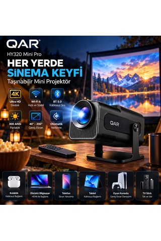 Hy320 Mini Projeksiyon Cihazı Led Multimedya Ev Sineması Döner Standlı Hdmı Usb Girişli Taşınabilir Mini Projektör