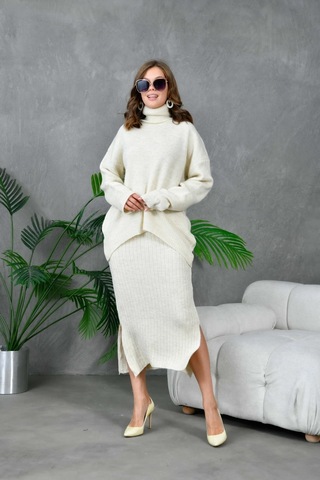 Kadın Balıkçı Yaka Oversize Kazak Uzun Etek İkili Triko Takım Taş