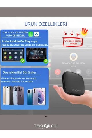 Tr Kablosuz Carplay Ve Android Auto Adaptörü, 2gb Ram 32gb Rom, Türkçe Arayüz, Netflix Ve Youtube Destekli