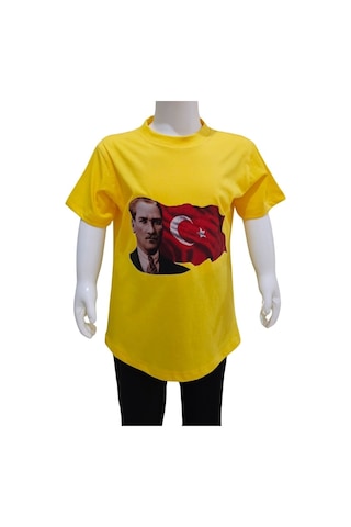 Kostüm Sarayı Ay Yıldızlı Atatürk Baskılı Sarı Tişört Beyaz