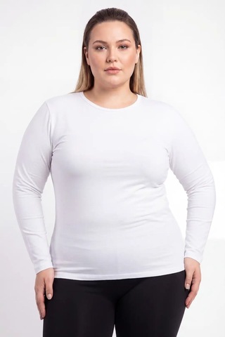 Terrien Özel Seri Hediye Kombin Rahat Kadın Büyük Beden Bisiklet Yaka Uzun Kollu Body Beyaz