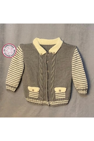 Uretti - Tuğba 9352 - El Örgüsü Saç Örgü Detaylı Erkek Çocuk Hırka - 5 / 7 Yaş Gri