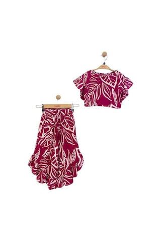 Kız Çocuk Beli Lastikli Desenli Pantolon Bluz Takım-13948 Fuşya