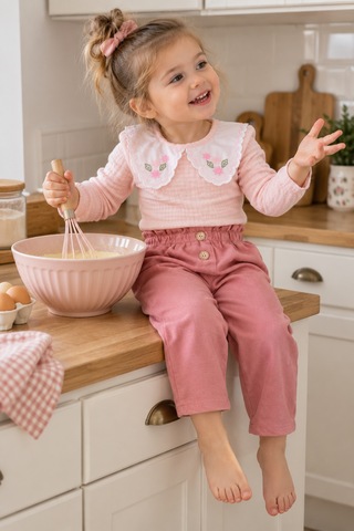 Babyhola 1-3 Yaş Kız Bebek Çocuk Çıtçıtlı Badi Pantolon Şık Alt Üst 2'li Takım Bayramlık 2327 Pembe