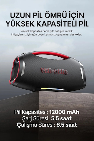 Ven-dens Vd-spk027s 240 W Bluetooth 5.3 Taşınabilir Karaoke Hoparlörü, 12000 Mah Batarya, Siyah