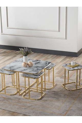 Pelikan 4+1 Beyaz Mermer Temperli Cam Gold Metal Ayak Takım Sehpa Sedaş Living Units Sehpa