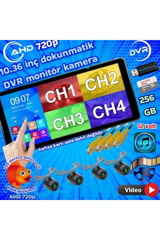 4 Adet Balık Gözü Lens Ahd 720p 170'' Kamera 10.36'' Dokunmatik Ekran Video Müzik Dvr 256 Gb 12 V