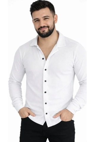 Etiler Collection Erkek Waffle Kumaş Uzun Kollu Düğmeli Açık Yaka Regular Fit Gömlek - Beyaz