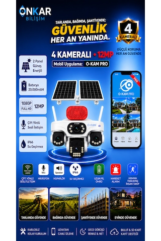 Okam Pro Premium 337s 4 Kameralı 7/24 Kayıt Sim Kartlı Güneş Enerjili Güvenlik Kamerası