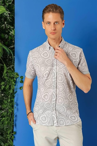 Efor Slim Fit Düğmeli Yaka Desenli Kısa Kol Pamuk Gri Gömlek G 1503 Gri