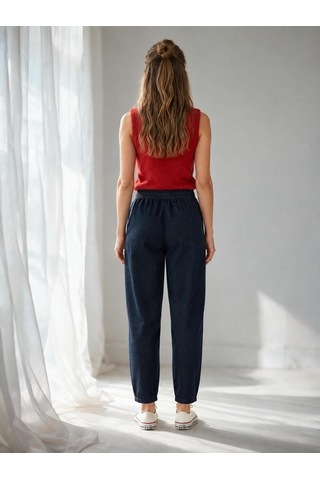 Nealirsanall.com Yüksek Bel Beli Lastikli Kadın Denim Pantolon - Lacivert Jogger Kot Pantolon