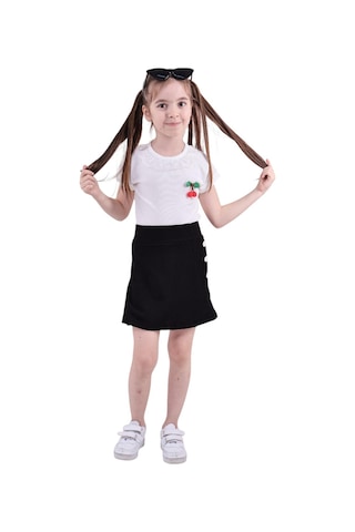 Erdem Kıds Kız Çocuk T-shirt Yakası Dantelli Kiraz Ve Düğme Detaylı Şort Etek Bluz Yazlık Ikili Takım Siyah Siyah