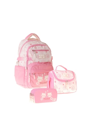 Calacilo Kedi Baskılı Pembe Kız Çocuk Üçlü İlkokul Okul Çantası Seti - Setcc-c4038a Pembe - Krem