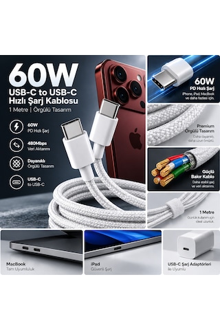 60w Premium Örgülü Usb Type-c To Type-c Sarj Kablosu