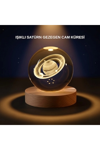Satürn Desenli Kristal Küre Led Gece Lambası Ahşap Standlı Renkli