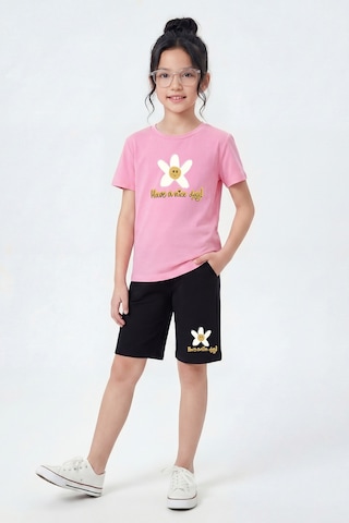 Panios Kids 3 Lü Yuvarlak Yaka Kaprili Baskı Detaylı Yazlık Kız Çocuk 6 Parça Alt Üst Takım Pembe - Gri - Mint Yeşili