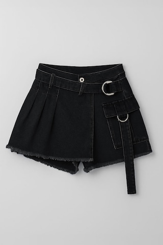 Kadın Yüksek Bel Kemerli Jean Şort Etek Siyah