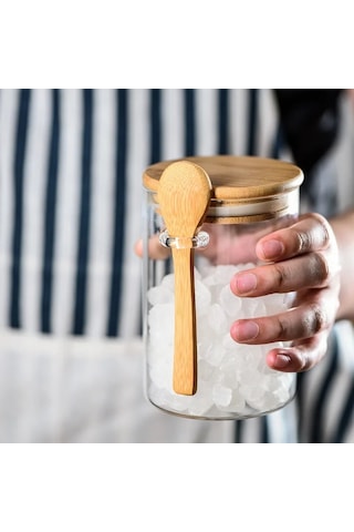 Qerhome Borosilikat Cam Bambu Kapaklı Ve Bambu Kaşıklı Baharat Seti 6 Adet 450ml ŞEffaf