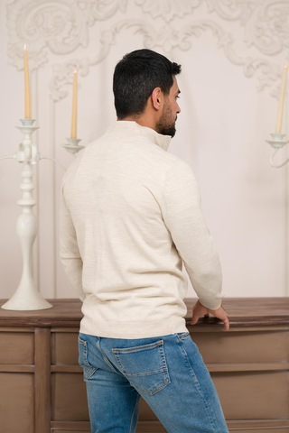 Woolen World Regular Fit Dik Yaka İnce Baharlık Triko Hırka Krem