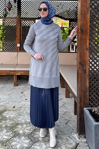 Rabia Şamlı Bilge Triko Tunik Gri Çok Renkli
