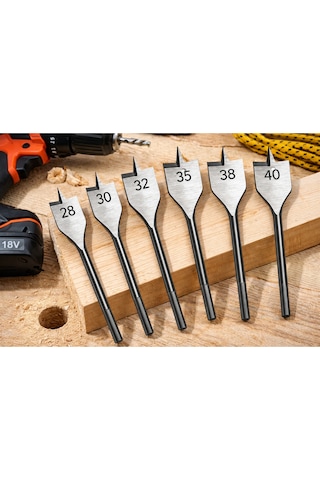 Senbang Yaprak Matkap Ucu Seti 6 Lı 28 30 32 35 38 40 Mm Ahşap Geniş Delik Açma Ucu