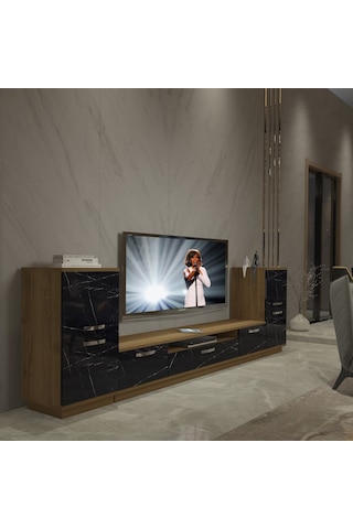 Decoraktiv Trio On2 Mdf Tv Ünitesi Tv Sehpası - Pera Siyah Mermer Safir Meşe - Royal Mermer