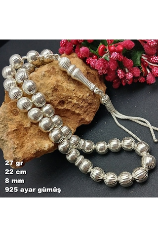 925 Ayar Gümüş Tesbih Yuvarlak Kesim Çizgili Model Büyük Boy