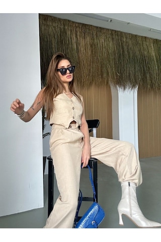 Hgfashion Kadın Yelek Pantolon İkili Takım Taş Renk Taş