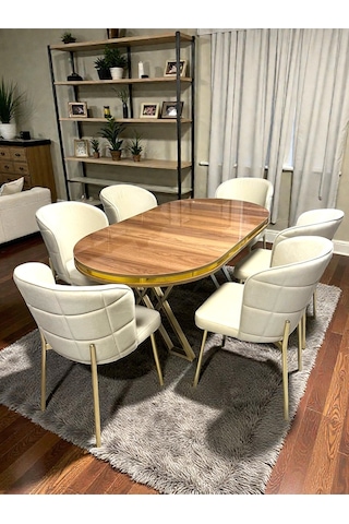 Msy Home 6 Kişilik Serya Ceviz Oval Masa Krom Ayak Yönsüz Kumaş Modern Ve Şık Yemek Odası Takımı Bej