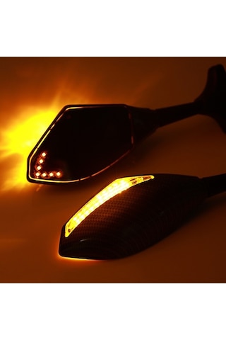 Pazly Genel Motosiklet Yan Aynaları - Led Aydınlatmalı, Karbon Desenli, Düz Ayna, Abs Malzeme