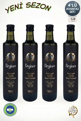 Ergince Organik Erken Hasat Natürel Sızma Zeytinyağı Soğuk Sıkım 0,18 Asit Premium Lezzet 4x500 Ml