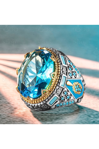 925 Ayar Gümüş Turkuaz Mineli Akuamarin Taşlı Erkek Yüzük Gümüş