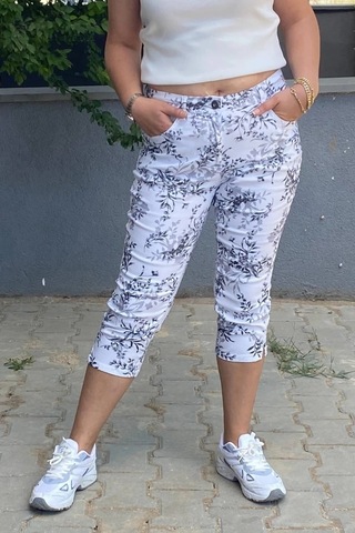 Kadın Beyaz-siyah Yaprak Deseli Kot Kapri Beyaz-siyah