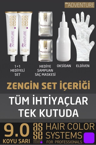 Asse Adventure Set Saç Boyası, Kalıcı Ve Canlı Renkler 1+1 İki Kullanım Seti No:9.0 Koyu Sarı