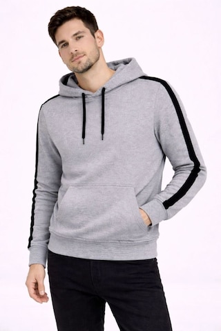 Mbb E-ticaret Erkek Şeritli Kapüşonlu Sweatshirt Oversize 3 İplik Pamuklu Hoodie - Gri