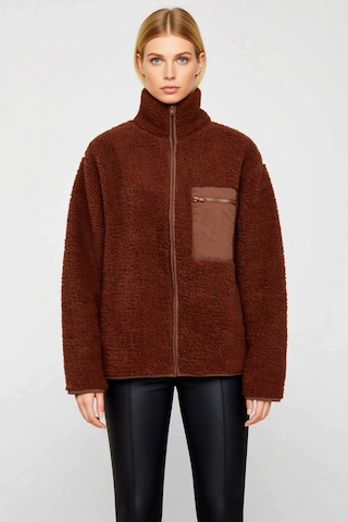 Benerly Kadın Dik Yaka Düşük Kol Tam Fermuarlı Peluş Sweatshirt Fonksiyon Kahverengi