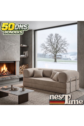 Nestime 200x100 Comfortnest Kanepe / Aktivite Koltuğu / Yatak 50 Dns Dayanıklı Orta Sert Sünger, Çıkarılabilir Kılıf, Pati Dostu Fitilli Kadife Kumaş Bej