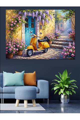 Ahşap Tablo Çiçekli Sokakta Sarı Scooter Tablo