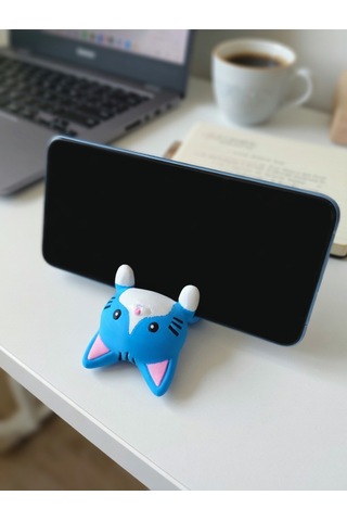 Mavi Kedi Figürlü Telefon Tutucu Stand - 3d Baskı Ofis Masaüstü Aksesuarı Ve Biblo
