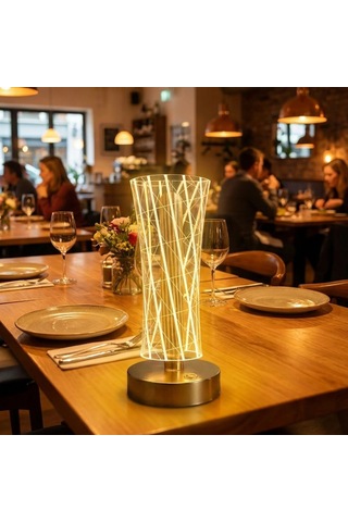 Silindirik Kristal Çizgi Model Led Masa Lambası Gold Tabanlı, Dokunmatik, 3 Renk Işık Modlu, Şarjlı Modern Dekoratif Gece Lambası Beyaz